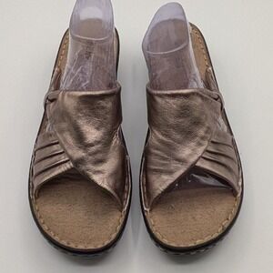 Bjorndal Size 7 $75 Metallic Bronze Leather Slide Cross Strap Wedge Heel Sandals